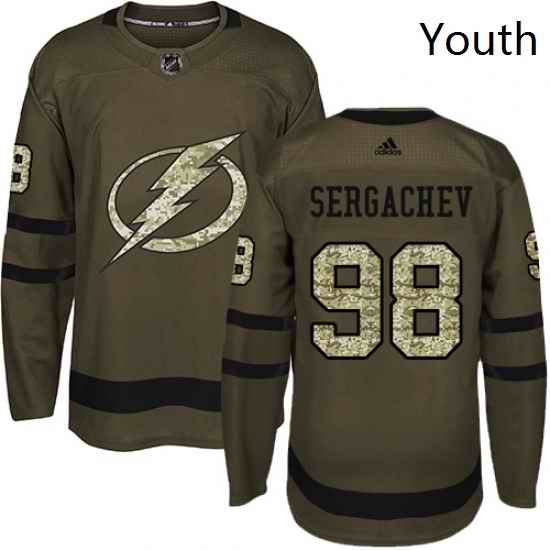 Youth Adidas Tampa Bay Lightning 98 Mikhail Sergachev Authentic Green Salute to Service NHL Jersey